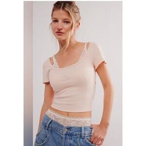 FREE PEOPLE INTIMATELY END GAME POINTELLE BABY TEE RIBBED NWOT SIZE SMALL PINK